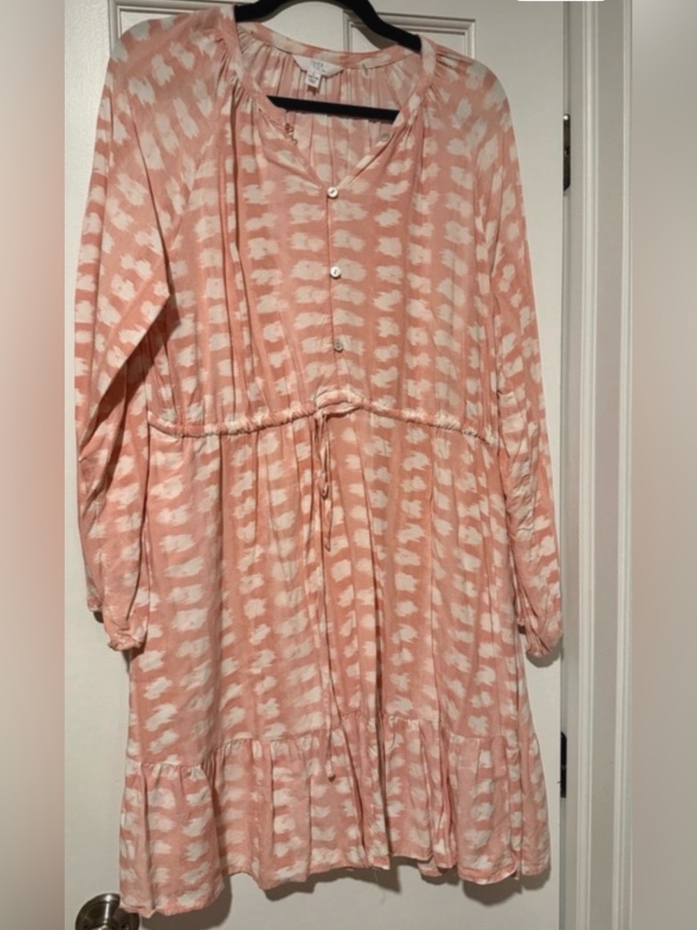 Time and Tru Peach Cream Printed Tiered Drawstring Dress Size L 12/14